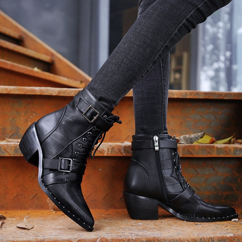 Genuine Leather Motorcycle Rock Style Womens Boots / Rivet Buckle Lace-up Ankle Pointed Toe Shoes - HARD'N'HEAVY