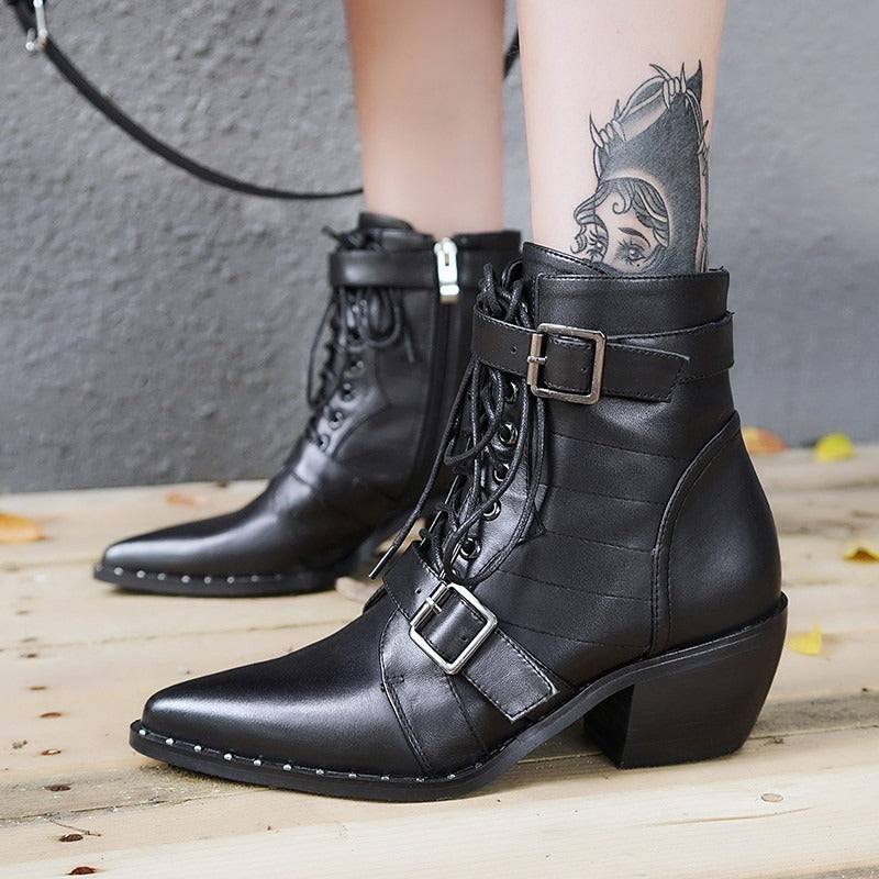 Genuine Leather Motorcycle Rock Style Womens Boots / Rivet Buckle Lace-up Ankle Pointed Toe Shoes - HARD'N'HEAVY