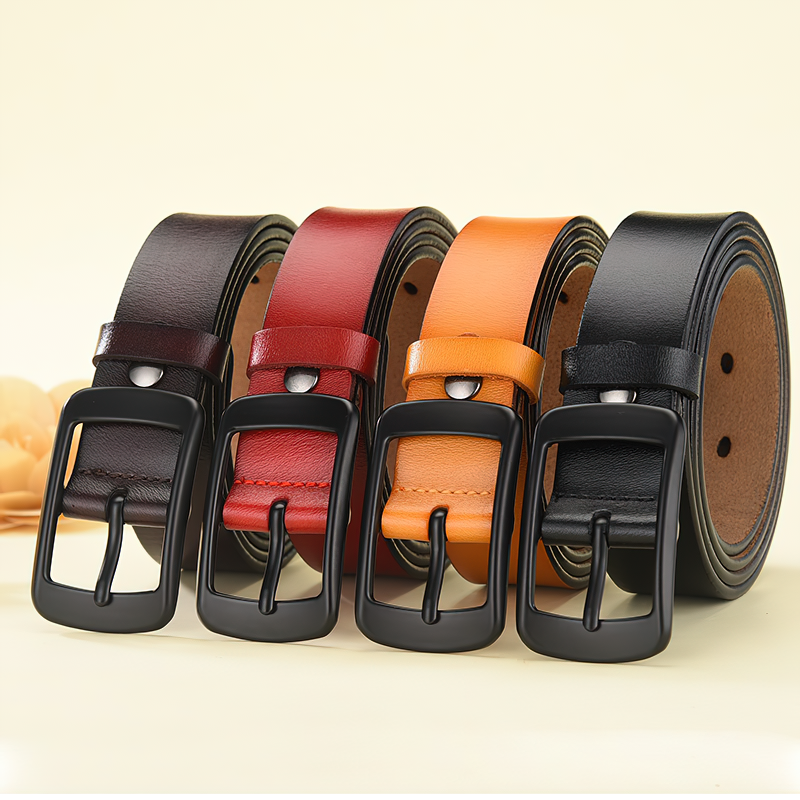 Collection of genuine leather adjustable belts in various colors with pin buckles, perfect for unisex rock style.