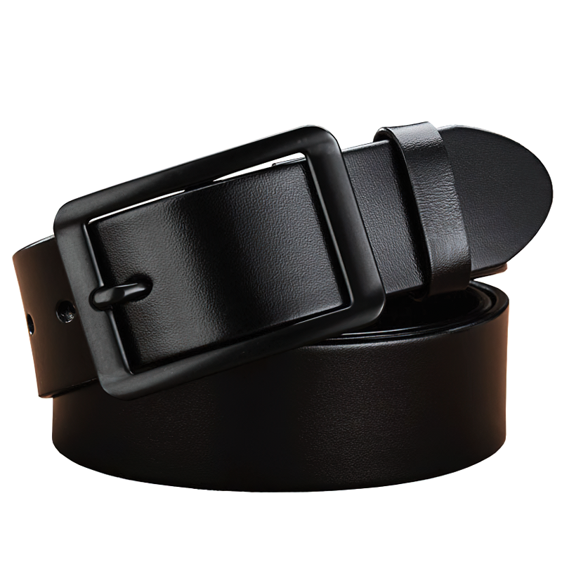 Genuine leather pin buckle adjustable belt in black, perfect for unisex alternative fashion outfits.