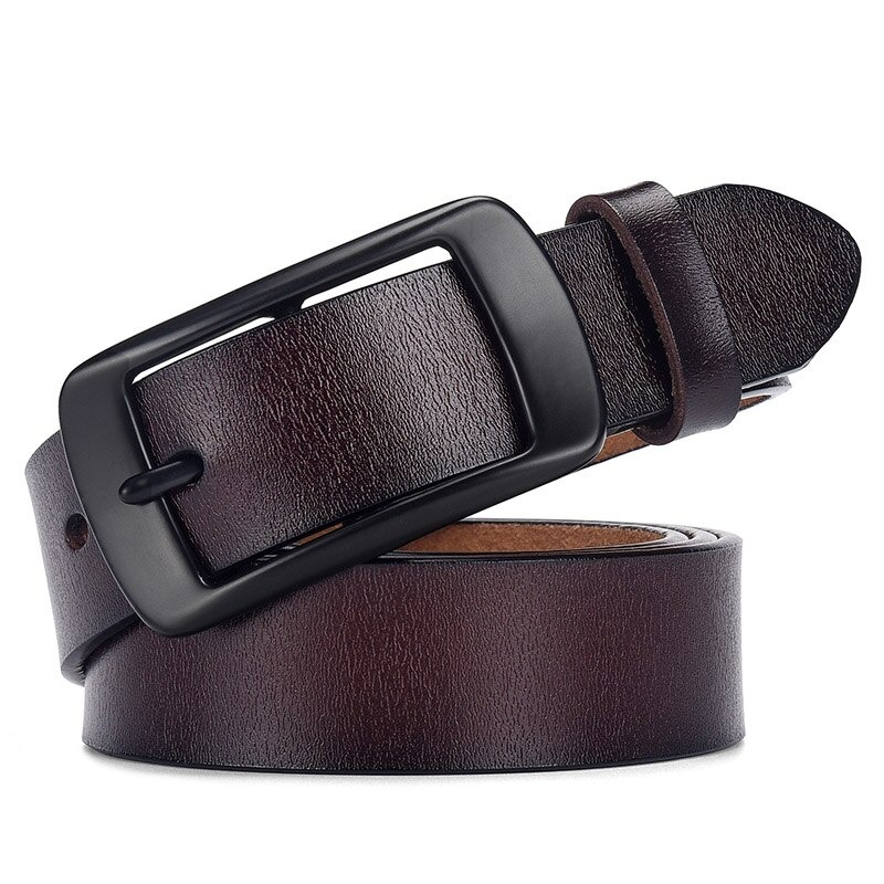 Genuine leather pin buckle adjustable belt in dark brown, perfect for unisex alternative fashion outfits.