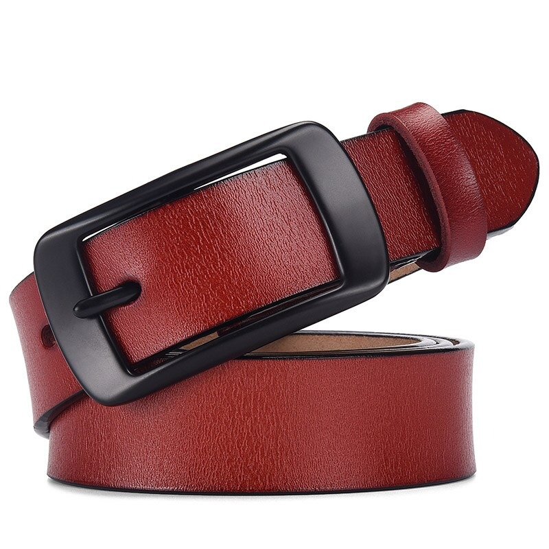 Genuine leather red pin buckle belt, stylish adjustable waistbelt for unisex fashion and alternative outfits.