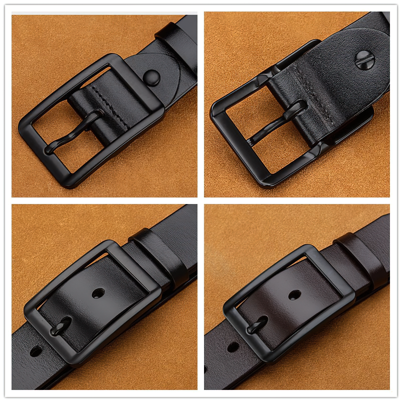 Close-up of genuine leather pin buckle belt featuring adjustable black buckles, perfect for unisex and alternative fashion.