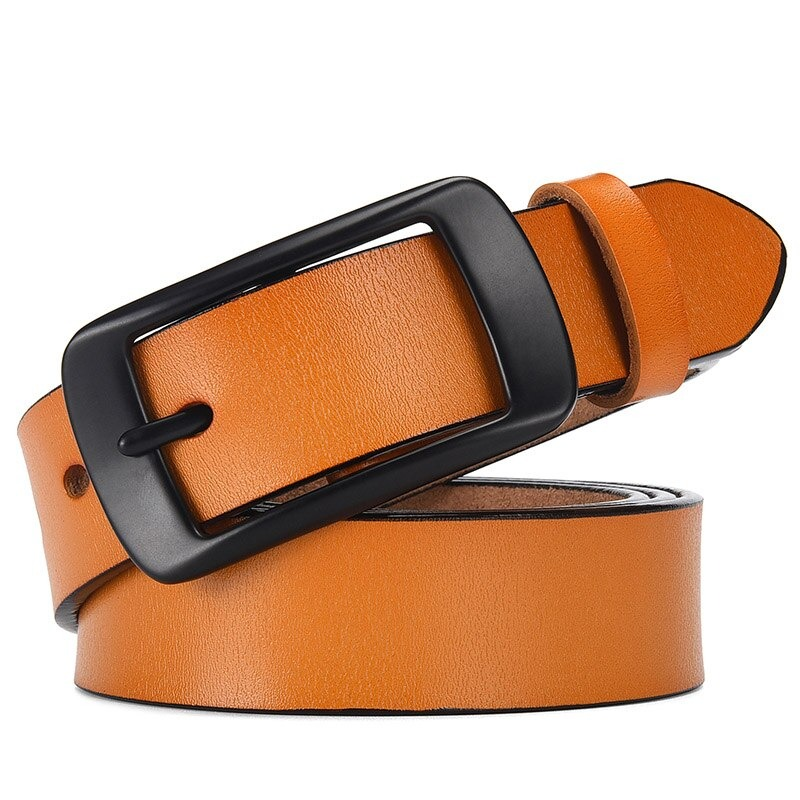 Genuine leather pin buckle adjustable belt in vibrant orange, perfect for unisex alternative fashion outfits.
