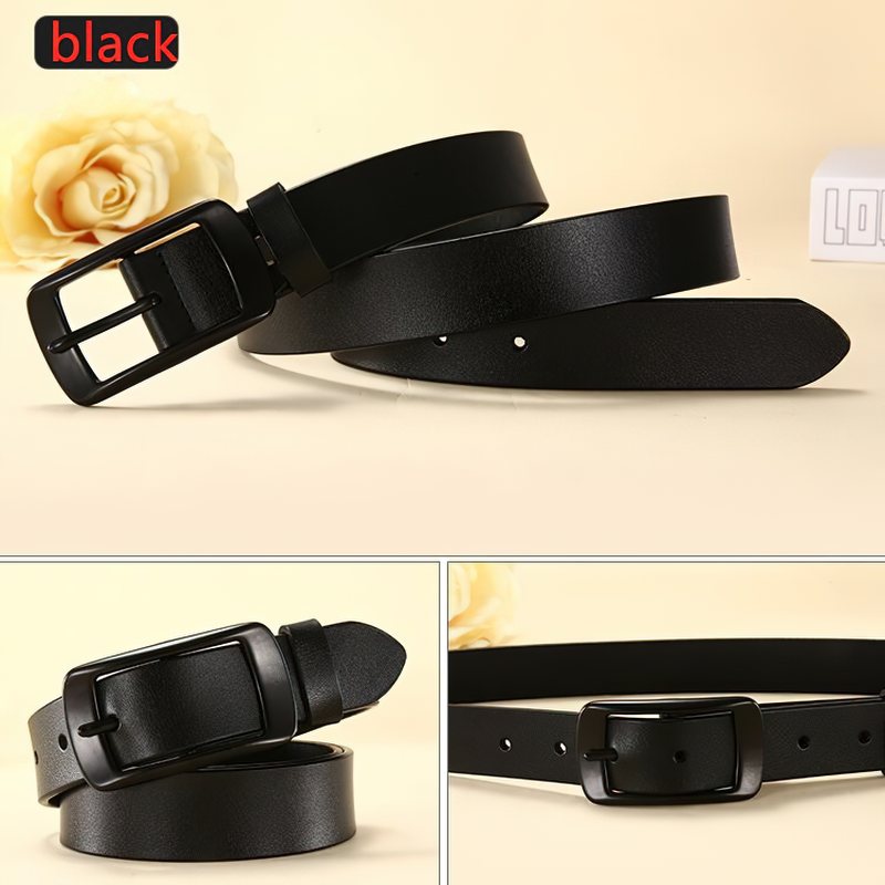 Adjustable genuine leather black belt with pin buckle, perfect for unisex alternative fashion styles.