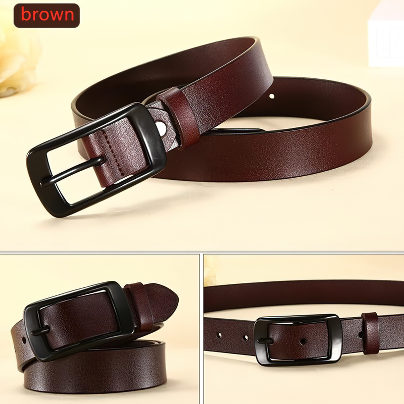 Genuine leather pin buckle adjustable belt in brown, perfect for alternative fashion and unisex styling.