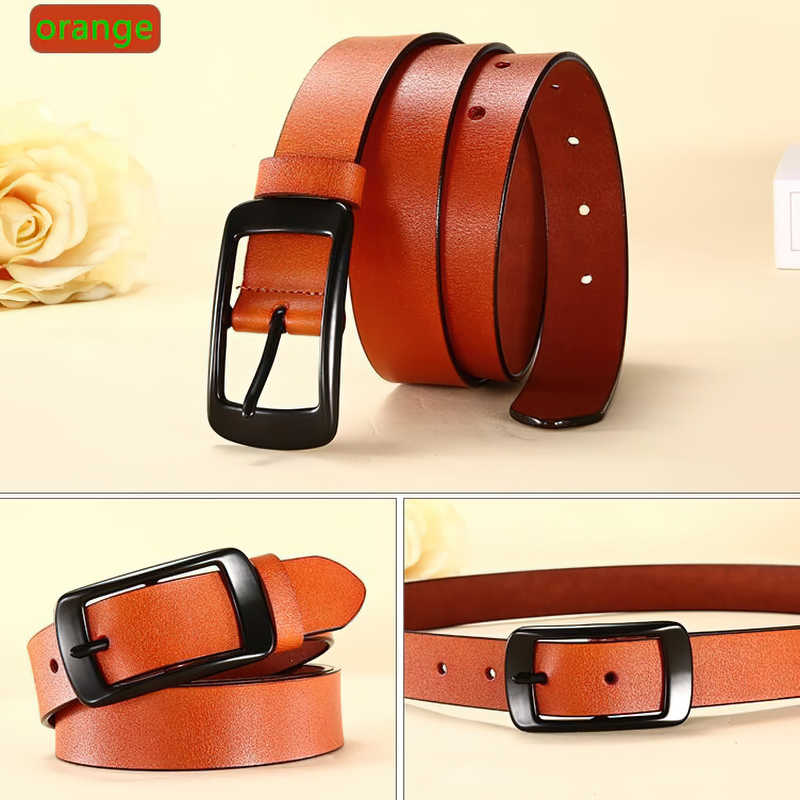 Genuine leather adjustable pin buckle belt in orange, perfect for rock style and unisex fashion.