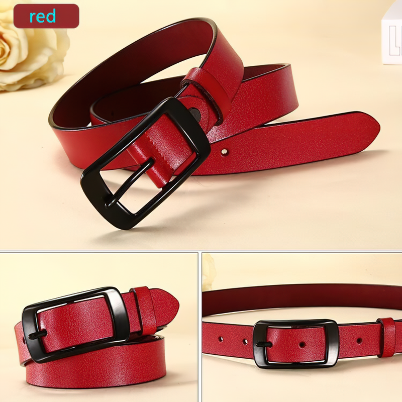Stylish red genuine leather belt with pin buckle, adjustable for unisex fashion and alternative outfits.