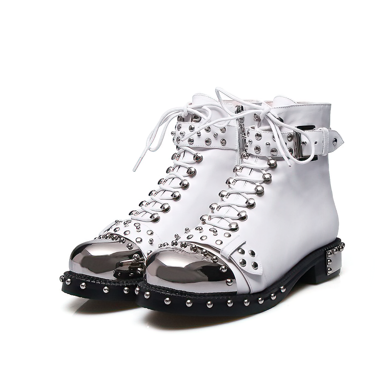 Genuine leather punk rock boots for women with rivets, zippers, and silver toes for a stylish biker look.