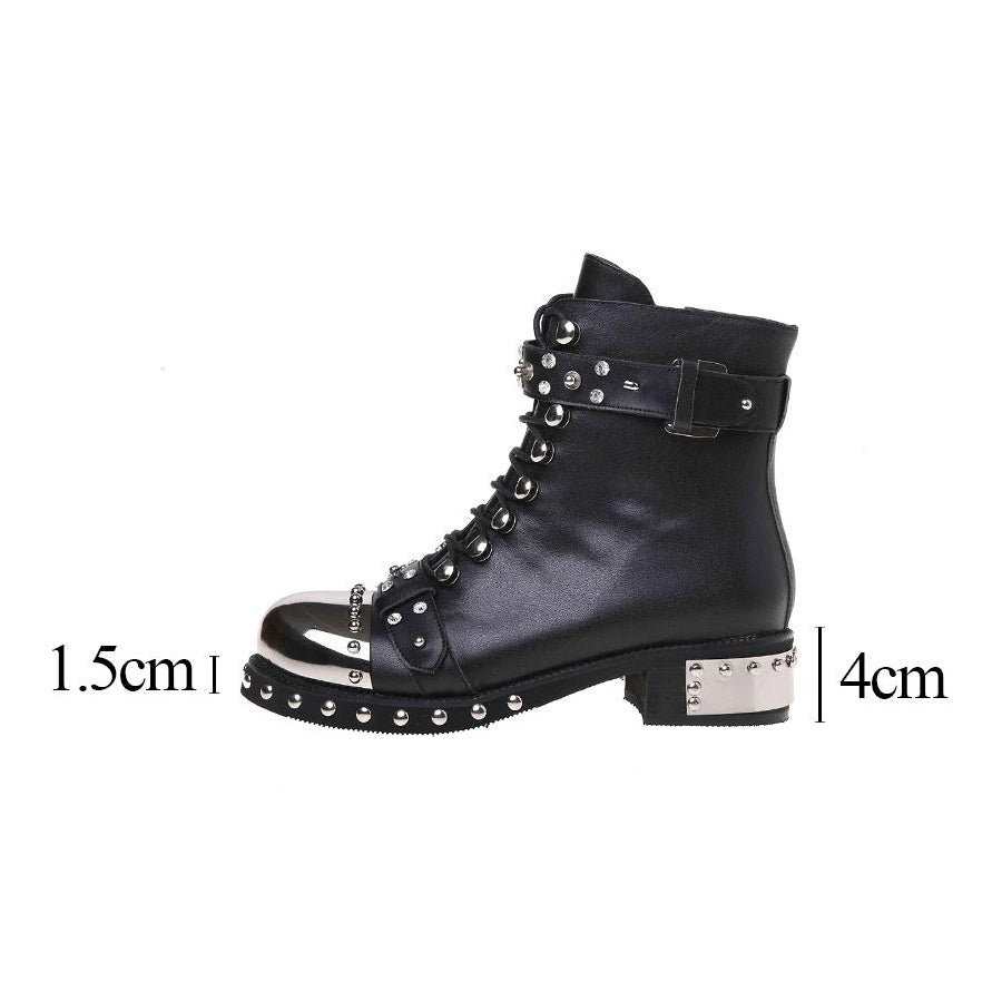 Genuine leather punk rock ankle boots for women with rivets and square heels, featuring a practical zipper and stylish design.
