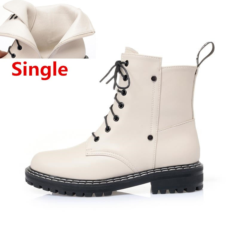 Genuine leather snow ankle boots for women in cream with black chunky soles, perfect for autumn and winter style.