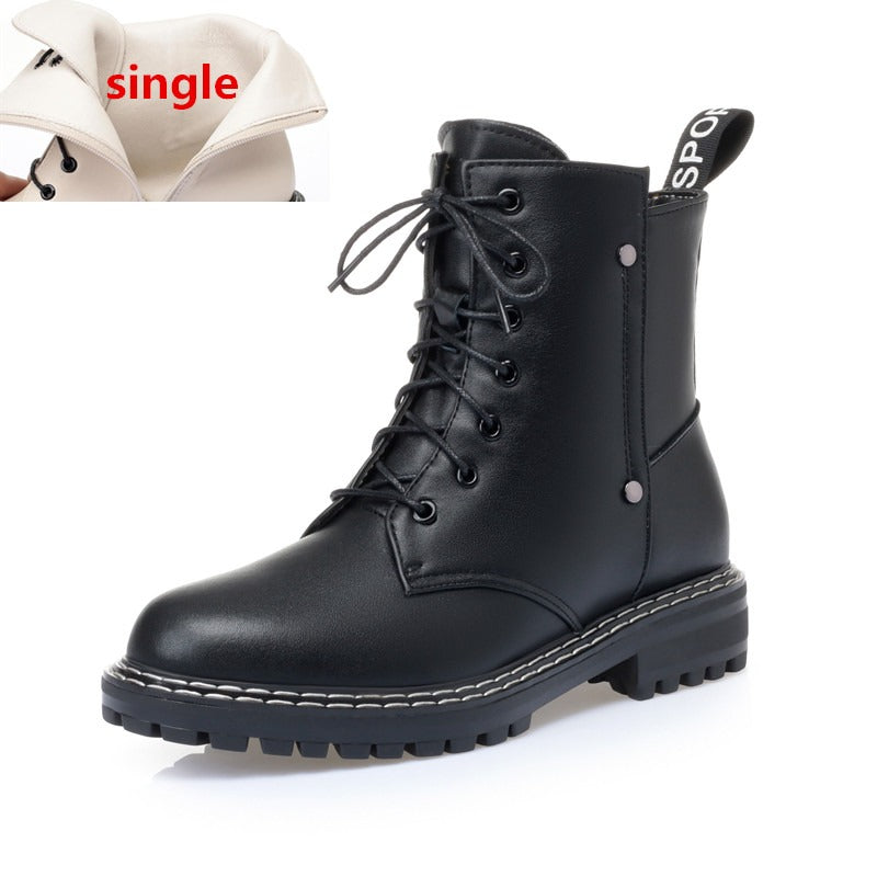 Stylish black genuine leather ankle boots with lace-up design and chunky sole, perfect for casual autumn and winter wear.