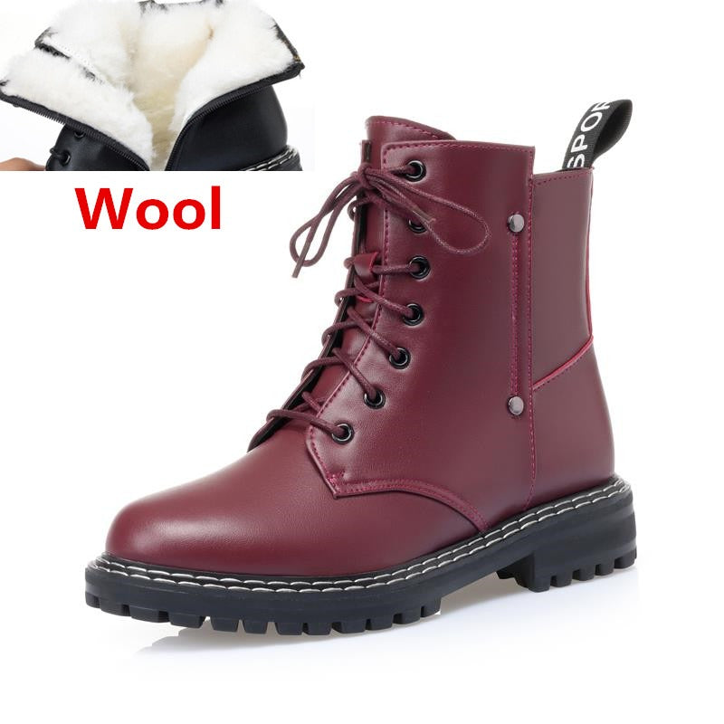 Stylish burgundy genuine leather snow ankle boots with warm wool lining, perfect for autumn and winter casual wear.