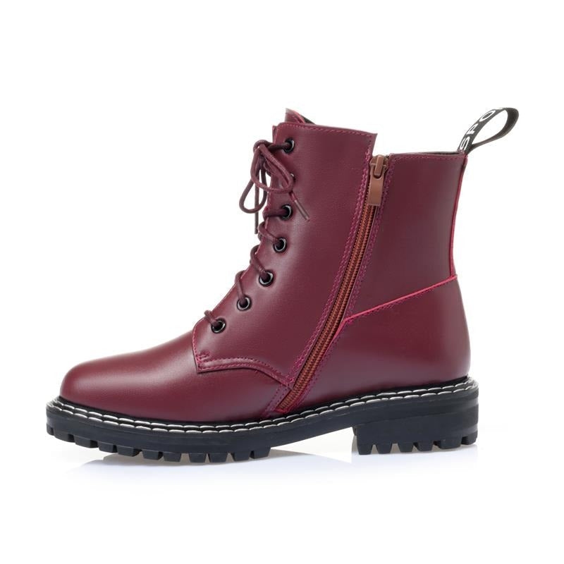 Stylish burgundy genuine leather ankle boots with lace-up and zipper detail for women.