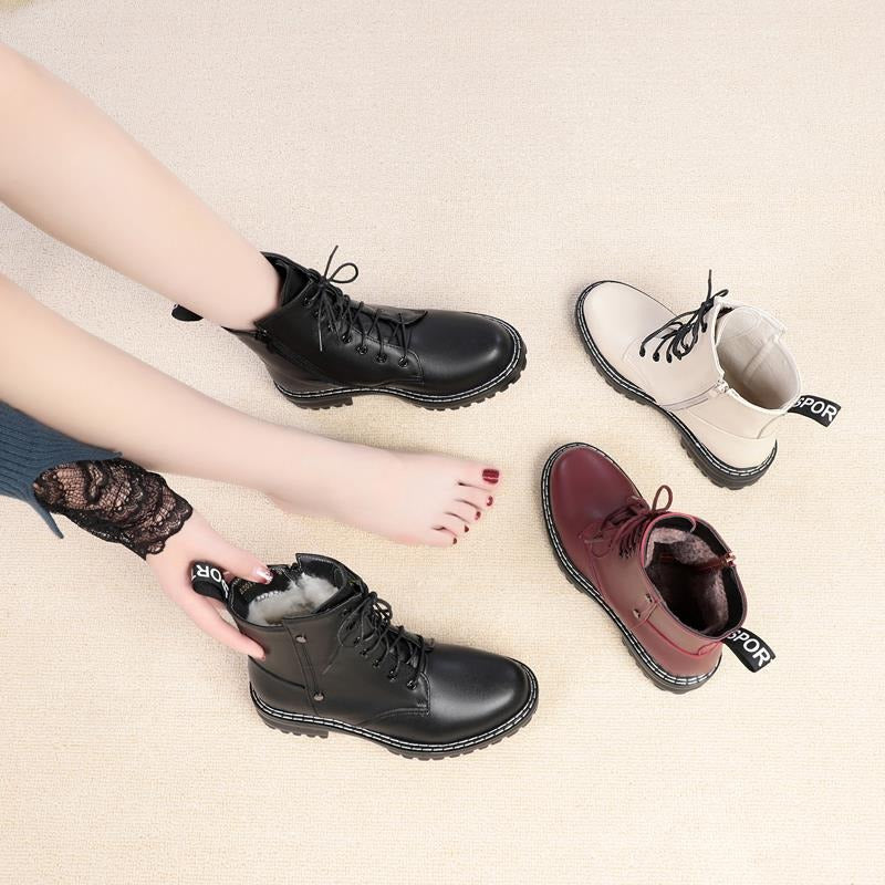 Stylish genuine leather snow ankle boots for women in black, burgundy, and white, featuring warm wool lining and rubber soles.