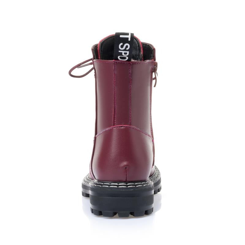 Back view of women's genuine leather snow ankle boots in burgundy, featuring a chunky sole and stylish design.