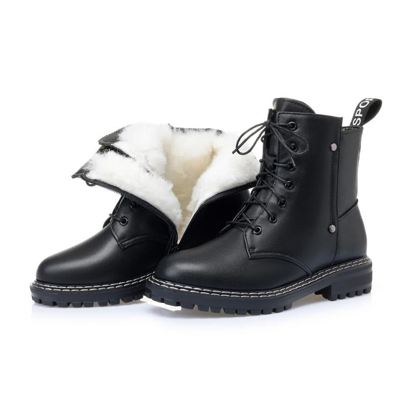 Genuine leather snow ankle boots for women with warm wool lining, perfect for autumn and winter fashion.