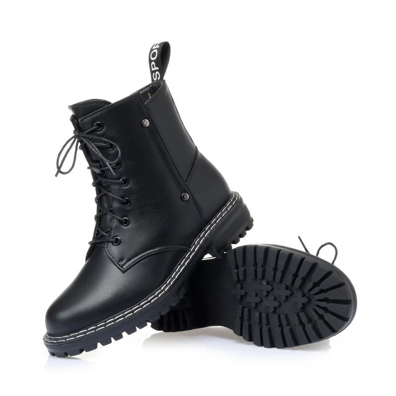 Genuine leather snow ankle boots for women, featuring a chunky rubber sole and casual combat style.