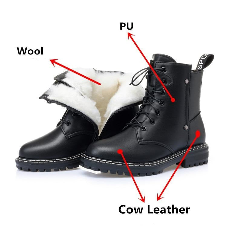 Genuine leather snow ankle boots for women, featuring wool lining and a chunky rubber sole for warmth and style.