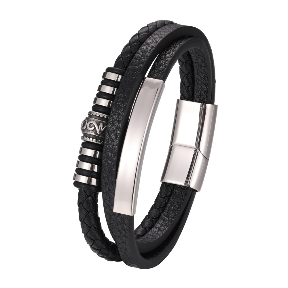Genuine leather stainless steel bracelet with black magnetic clasp, perfect for classic or edgy outfits.