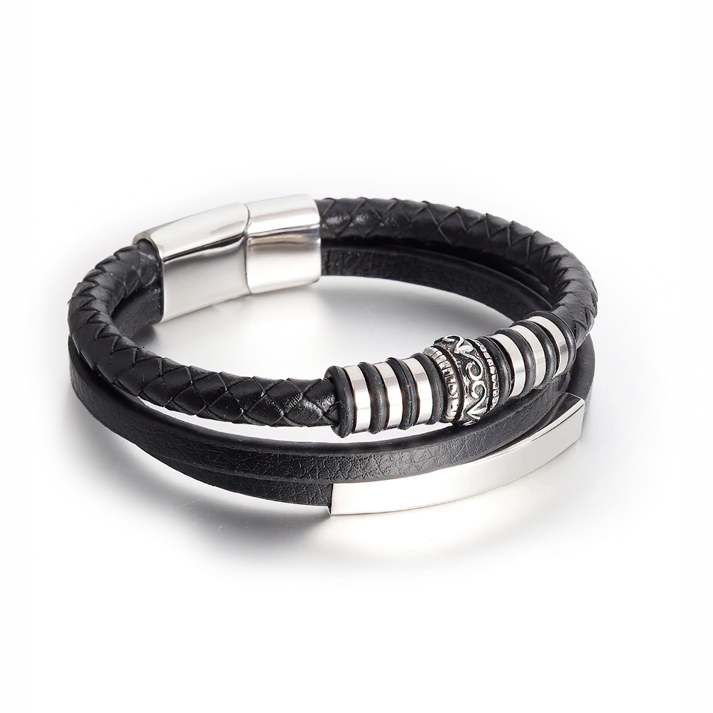 Genuine leather and stainless steel bracelet with black magnetic clasp, perfect for classic or rock outfits.