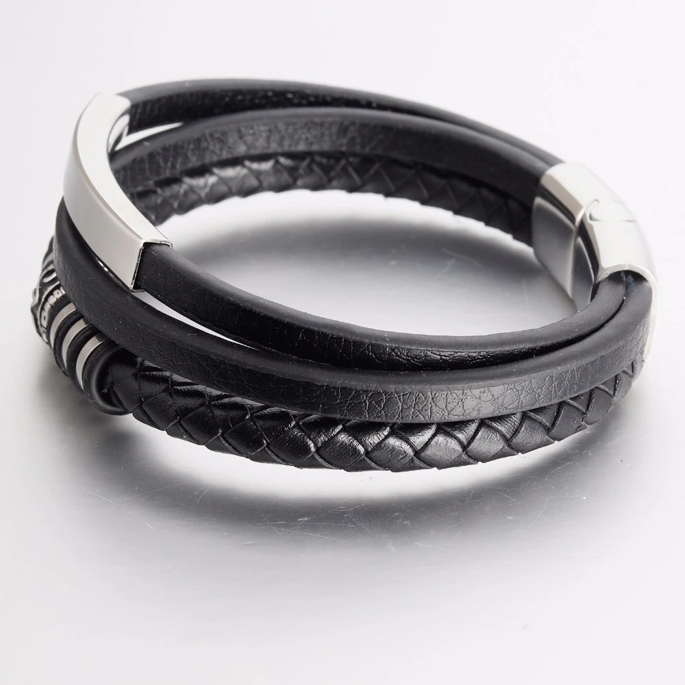 Stylish genuine leather stainless steel bracelet with a black magnetic clasp, ideal for men's classic and rock outfits.