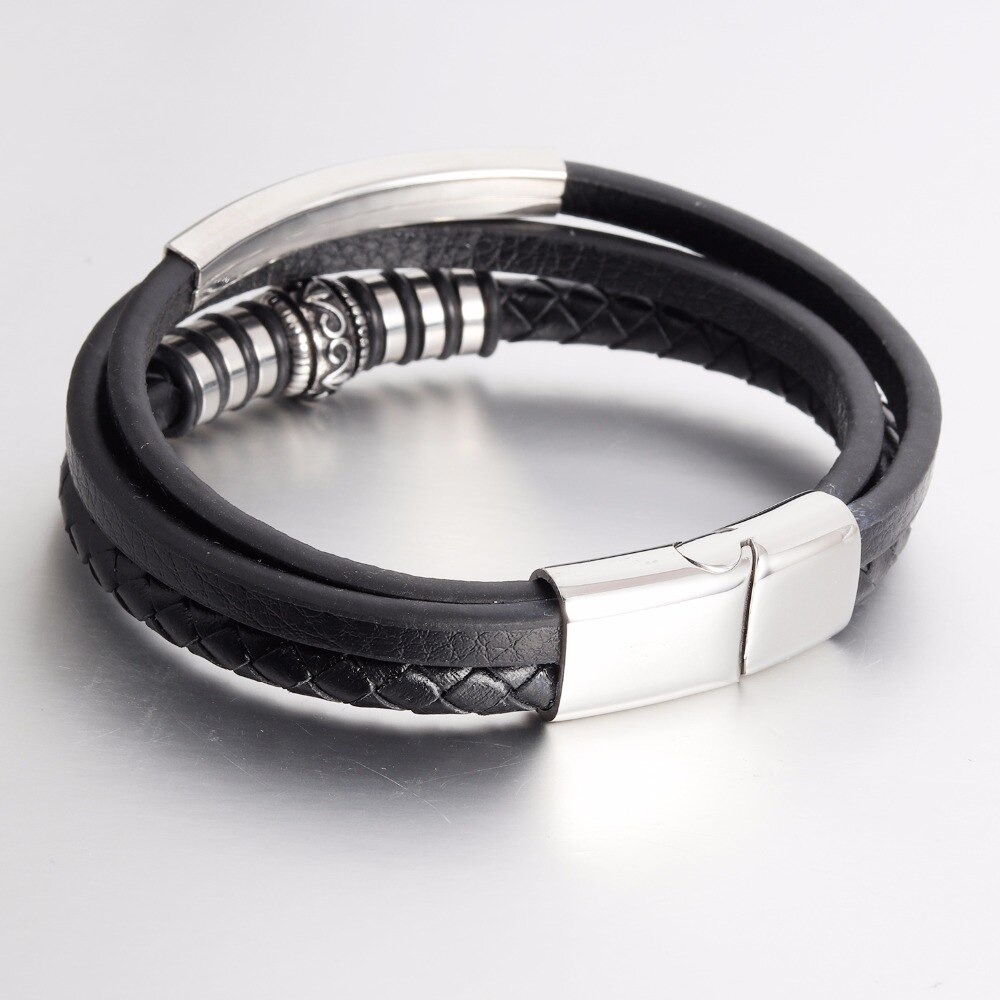 Genuine Leather Stainless Steel Bracelet / Black Magnetic Clasp Bracelet for Men - HARD'N'HEAVY