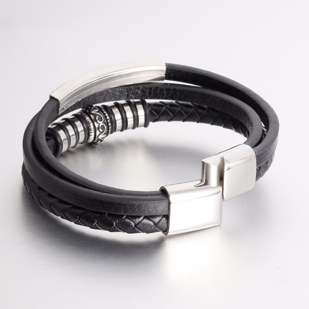 Genuine leather stainless steel bracelet featuring a black magnetic clasp, perfect for a stylish men's accessory.