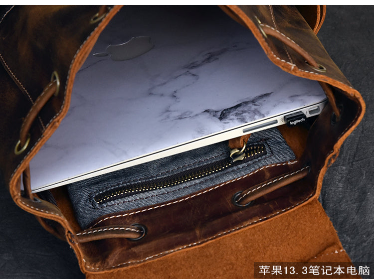 Interior of rock-style genuine leather backpack with laptop and pockets.