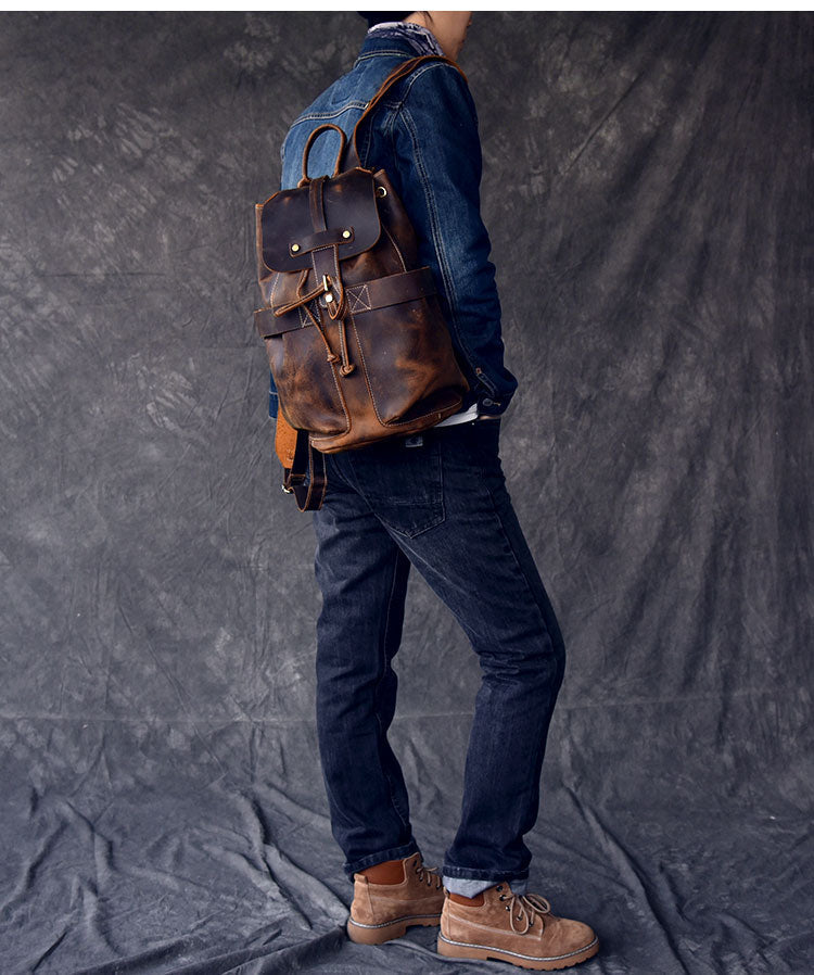 Unisex genuine leather travel backpack styled with rock fashion, perfect for goth outfits and adventures.