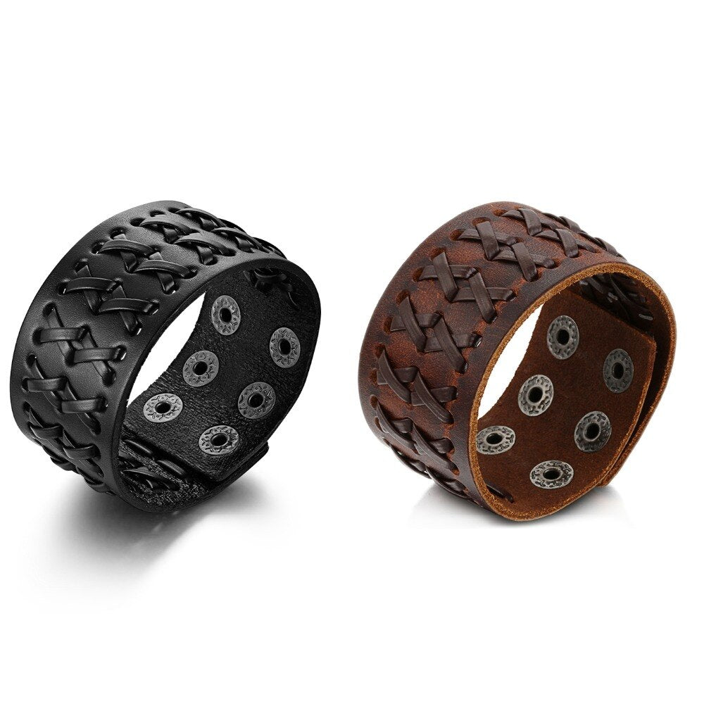 Genuine Leather Wide Bracelets / Bangles Size Adjustable Wrap Bracelet in Rock Style - HARD'N'HEAVY