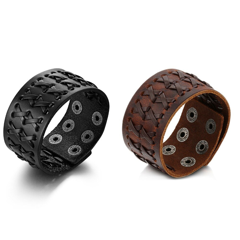 Genuine leather wide bracelets in black and brown, featuring a stylish wrap design and adjustable size for rock fashion lovers.
