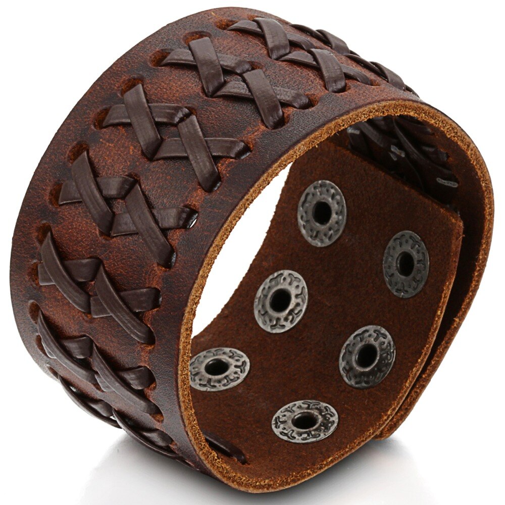Genuine leather wide wrap bracelet with braided design, adjustable size, rock style unisex fashion accessory.