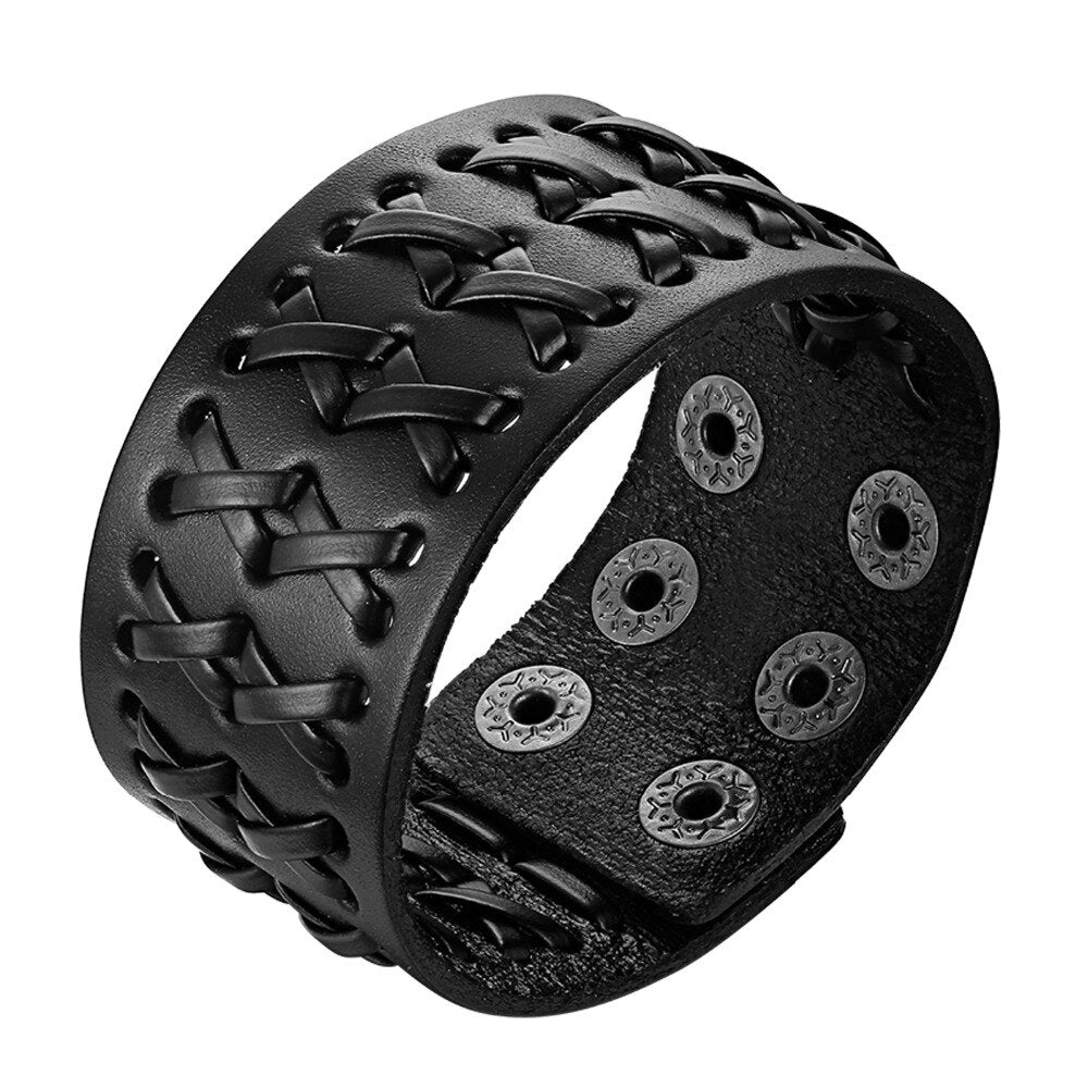 Genuine leather wide bracelet with woven design and adjustable size for rock style fashion accessories.