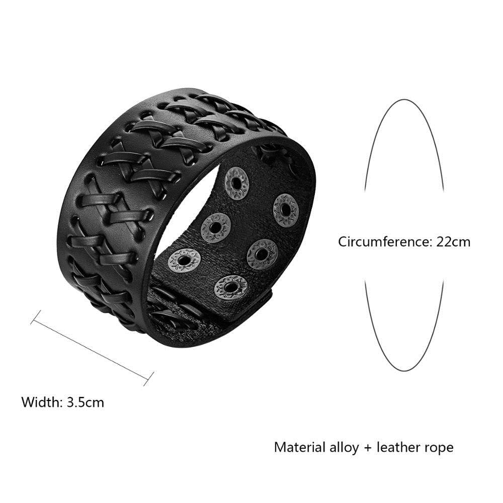 Genuine leather wide bracelet with adjustable size, black braided design, perfect for rock style fashion accessories.