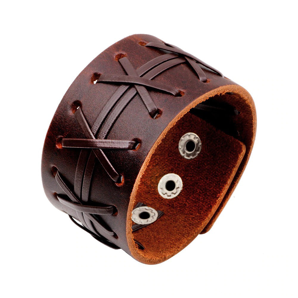 Genuine leather wide bracelet with stylish lacing design, unisex cuff wristband in dark brown color.