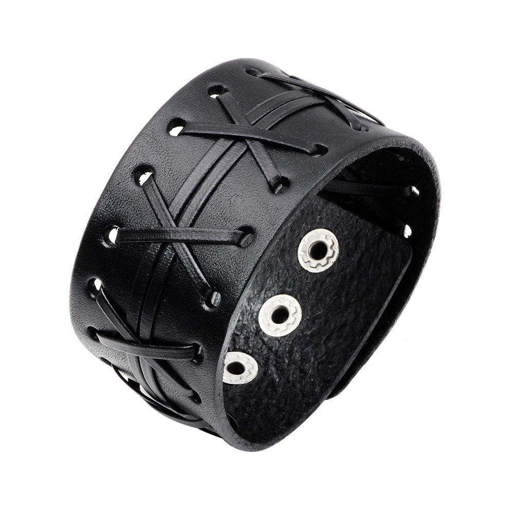 Genuine leather wide wrap bracelet in black with stylish cross-stitch design. Unisex, easy to wear with stainless steel clasp.