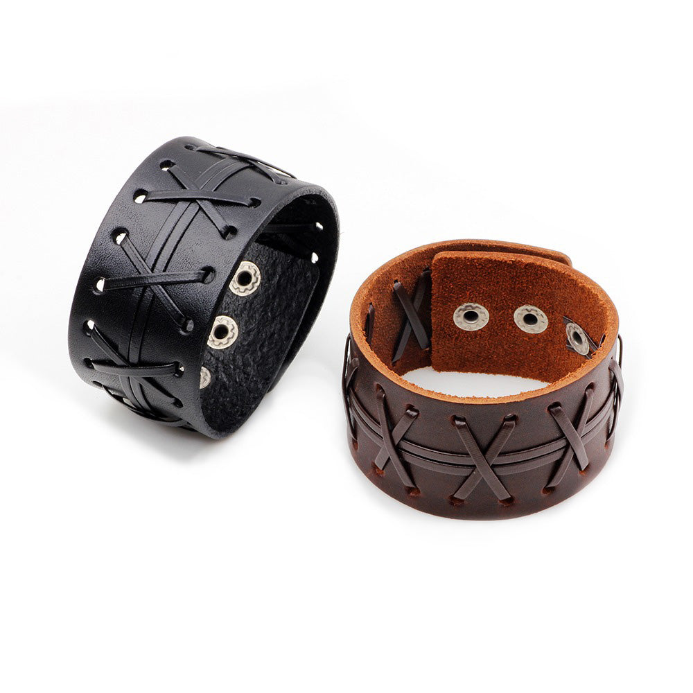 Genuine leather wide bracelets in black and brown featuring stylish cross design and easy-hook clasp.