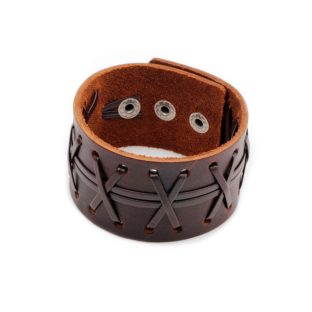 Genuine leather wide bracelet in dark brown with stylish cross-stitch design. Unisex cuff wristband with easy-hook clasp.