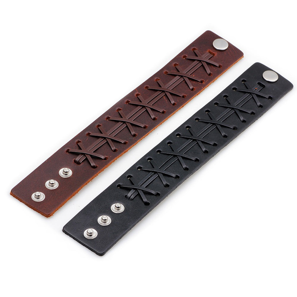 Genuine leather wide bracelets in brown and black, stylish rock style accessories for unisex wear.