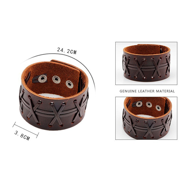 Genuine leather wide bracelet in brown with stylish X design, perfect unisex accessory. Easy hook clasp for comfort.