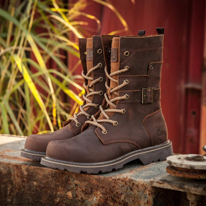 Brown genuine leather motorcycle ankle boots with laces and belt detail, perfect for vintage style and comfort.