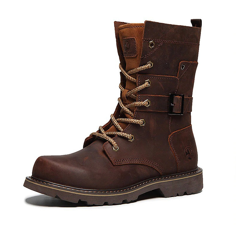 Genuine leather vintage-style motorcycle ankle boots for men in brown with laces and buckle detail.