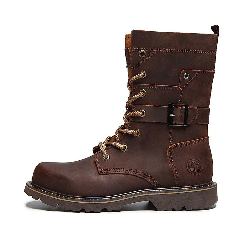 Genuine leather vintage motorcycle ankle boots for men in brown, featuring lacing and buckle design.