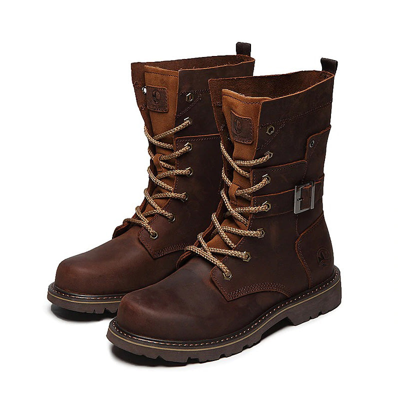 Genuine leather motorcycle ankle boots for men in vintage style, featuring lacing and belt details in brown.