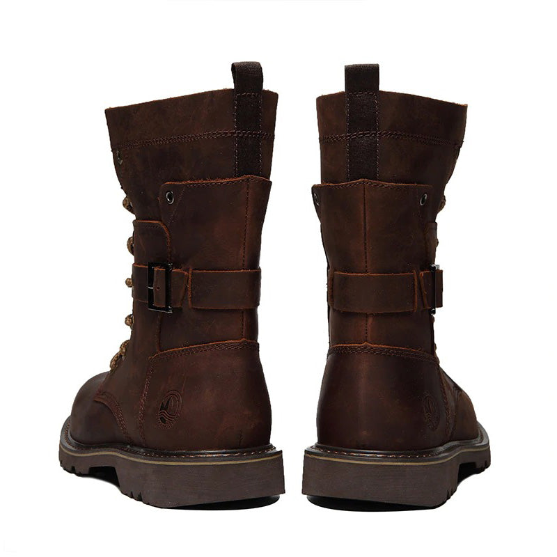 Stylish brown leather motorcycle ankle boots for men with lacing and decorative belts, perfect for vintage enthusiasts.