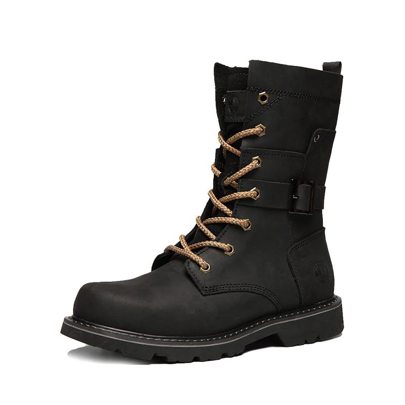 Genuine leather black motorcycle ankle boots for men with lacing and buckle for a vintage style look.