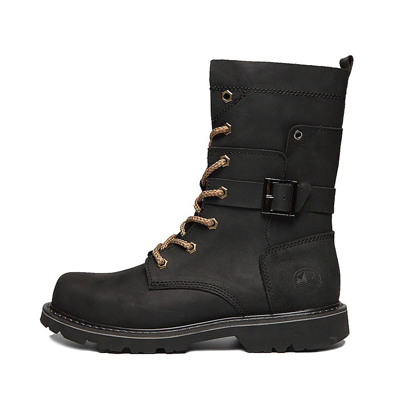 Genuine leather motorcycle ankle boots in black with lacing and belt for men, perfect for winter and autumn adventures.