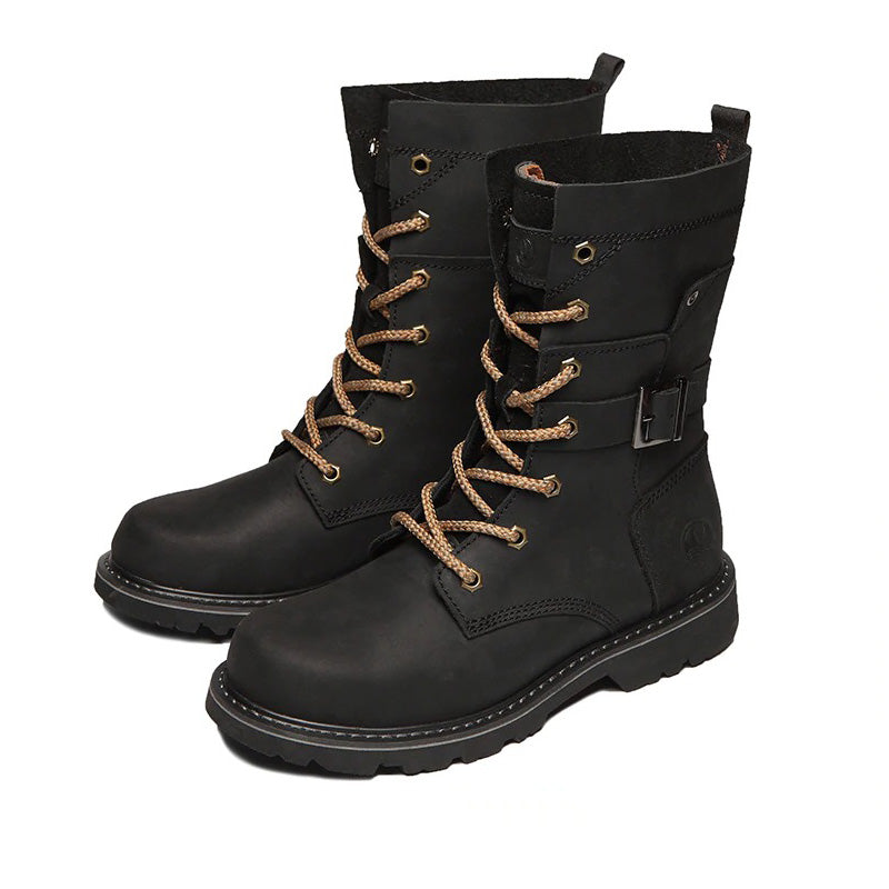 Genuine leather black motorcycle ankle boots for men with lacing and belt, perfect for autumn and winter adventures.