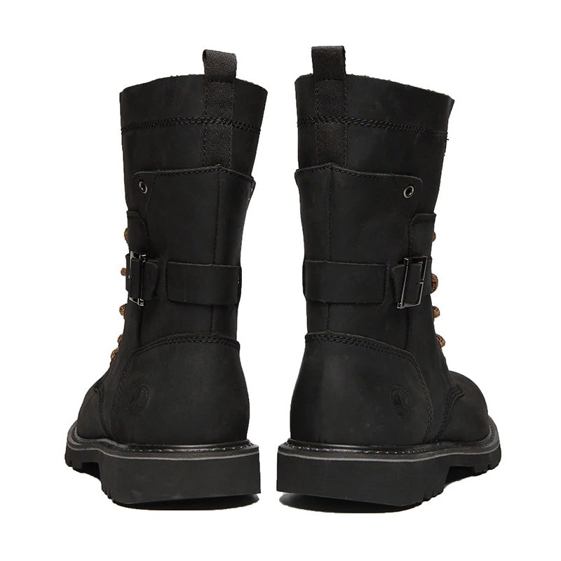 Back view of genuine leather vintage motorcycle ankle boots for men in black, featuring decorative lacing and buckles.